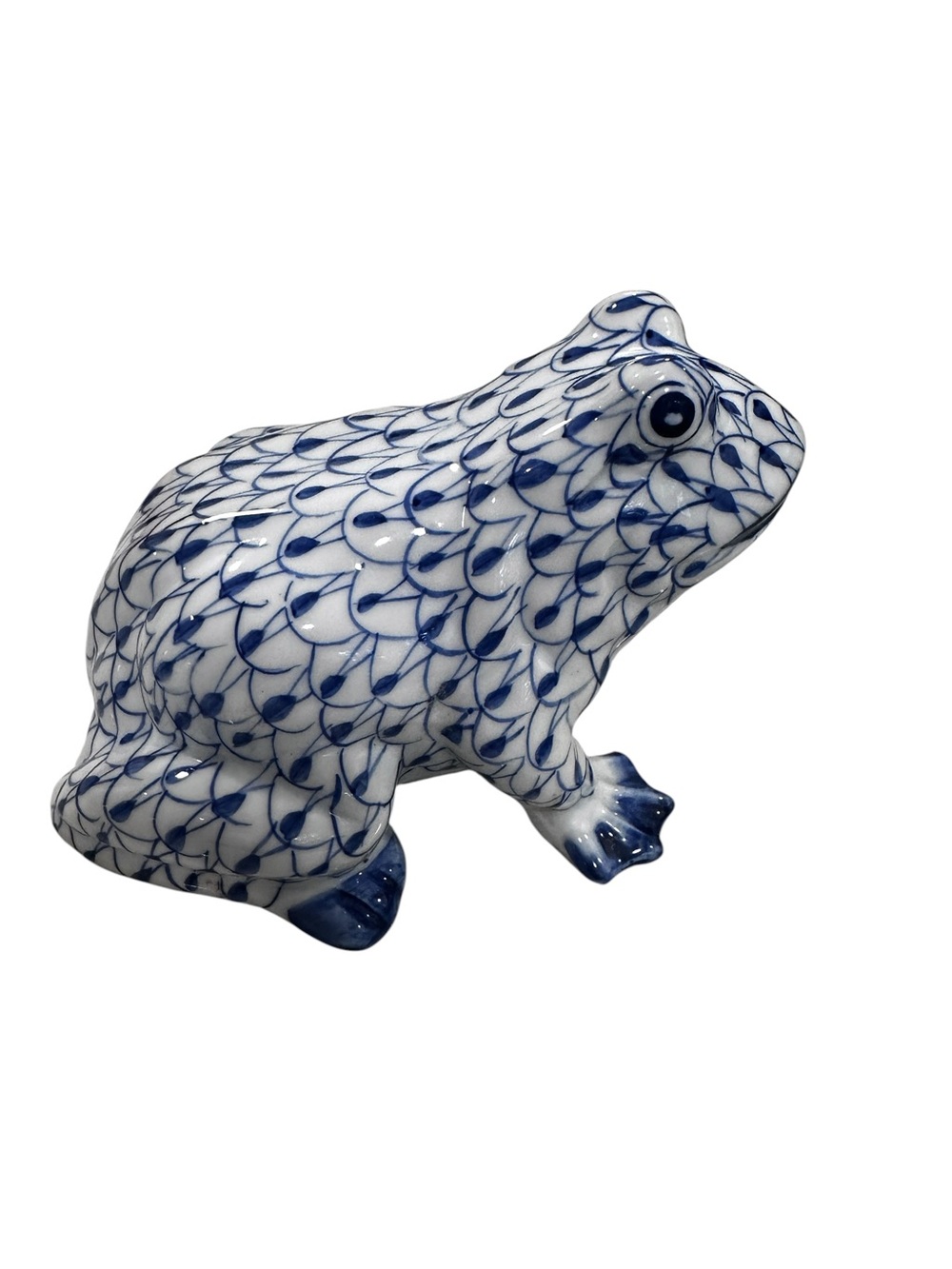 Vintage Herend Style Blue and White Porcelain Fishnet Frog Toad  Figurine